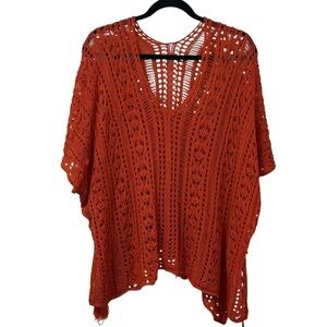 Women's burnt Orange hand Knit poncho sweater Size M boho tassel detail